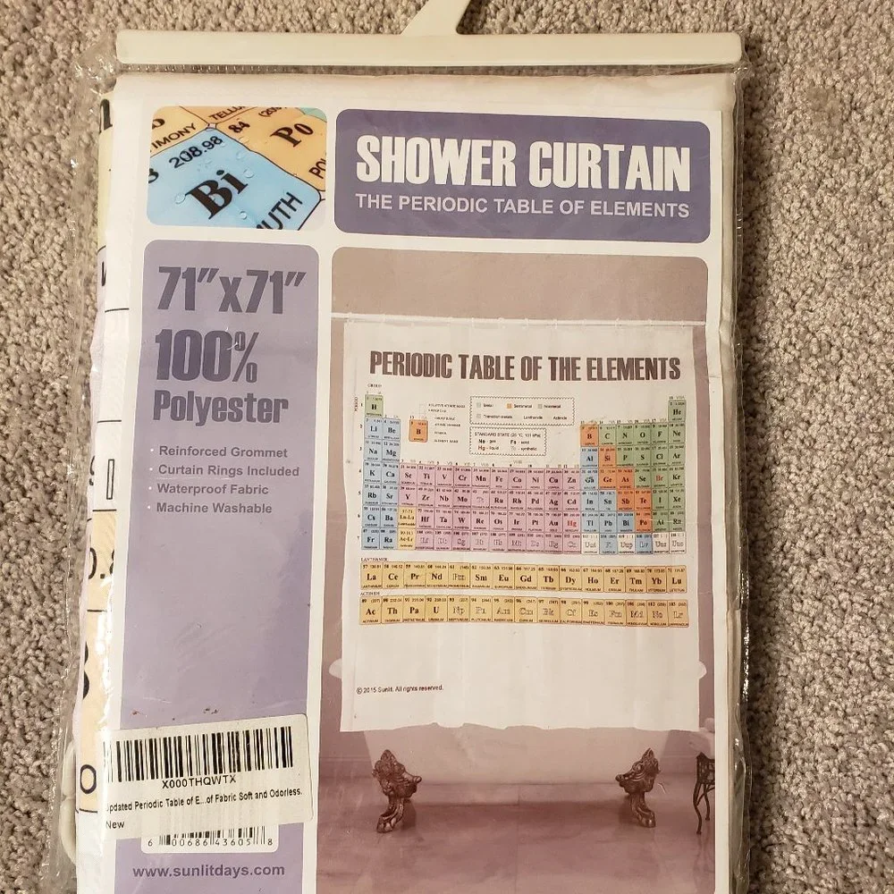 Periodic Table of Elements Shower Curtain with Rings 71X71 Inch, Polyester - NEW